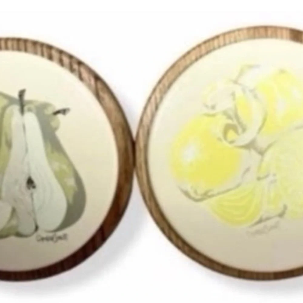 Vintage Hand Painted Oak Wood Trivets Fruit Motif Pear Lemon Set of 2
